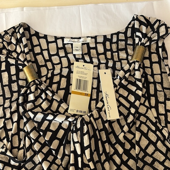 Kenneth Cole 3X Sleeveless Gathered Front Fitted Midi Dress Black Tan Print NWT - Picture 4 of 11